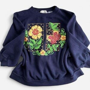 Vintage Basic Editions Navy Puffy Paint Yellow Pink Flower Butterfly Sweatshirt